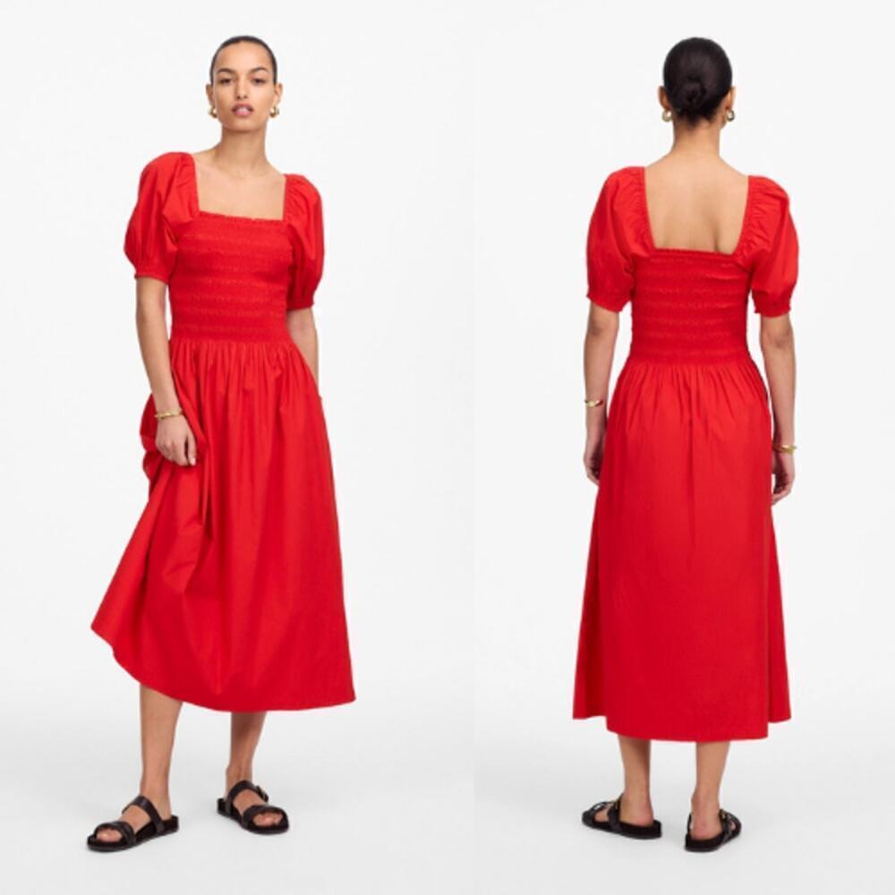 Madewell Women's Poplin Smocked Puff Sleeve Midi Dress NV027 Cerise Size XXS NWT